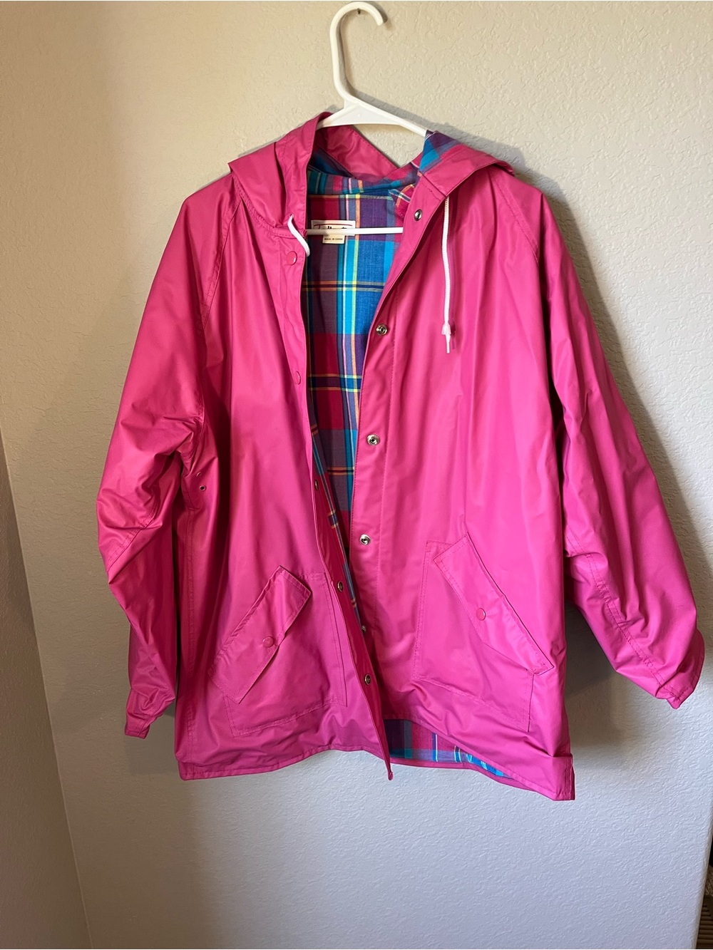 Talbots Vintage Hot Pink Rain Jacket Plaid Lined Hooded Raincoat Women’s L